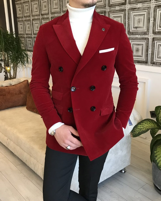 Red Velvet Double Breasted Peaked Lapel Slim Fit Prom Suits For Men