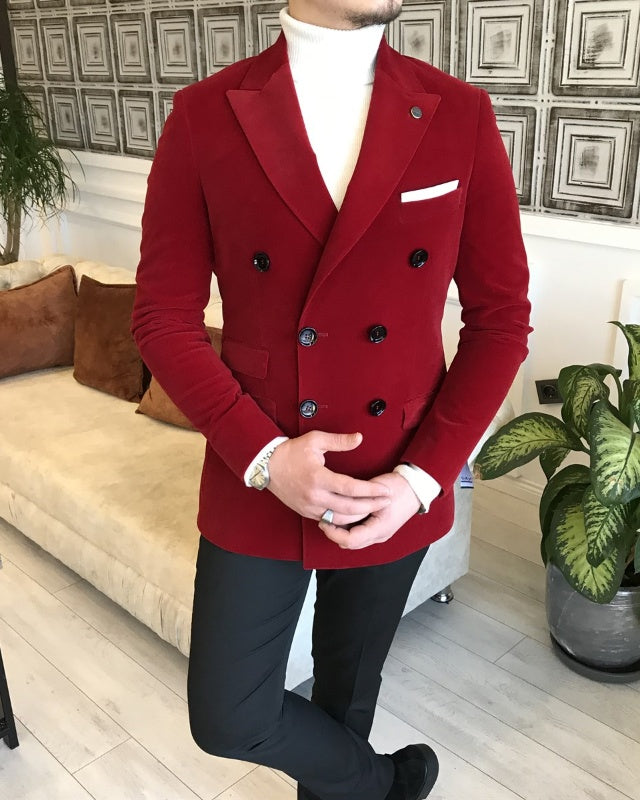 Red Velvet Double Breasted Peaked Lapel Slim Fit Prom Suits For Men