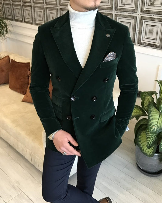 Chic Dark Green Velvet Double Breasted Peaked Lapel Prom Men Suits