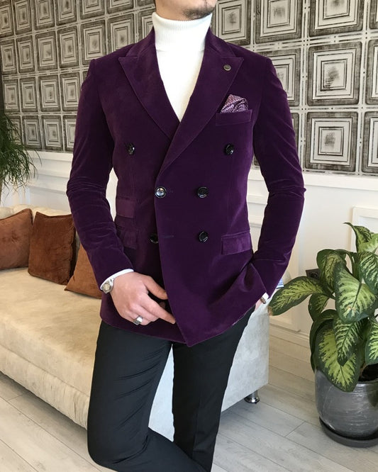 Purple Velvet Double Breasted Peaked Lapel Slim Fit Prom Men Suits