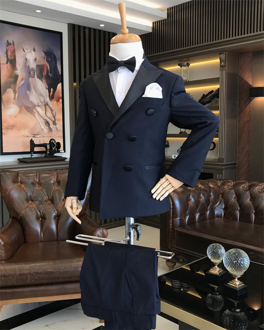 Modern Dark Navy Peaked Lapel Double Breasted Boys Suits