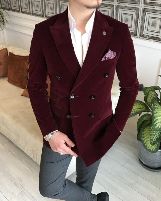 Burgundy Velvet Double Breasted Peaked Lapel Prom Men Suits