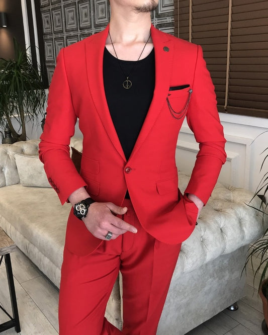 Simple Red Peaked Lapel Best Fitting With One Button Prom Men Suits