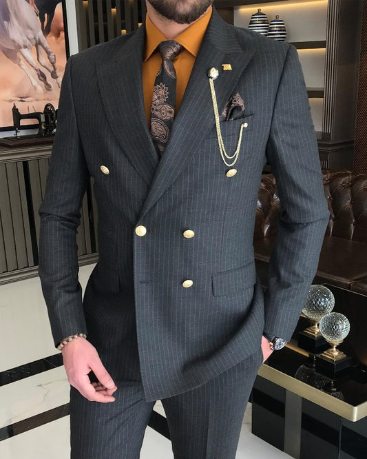 New Arrival Black Striped Double Breasted Slim Fit Bussing Men Suits