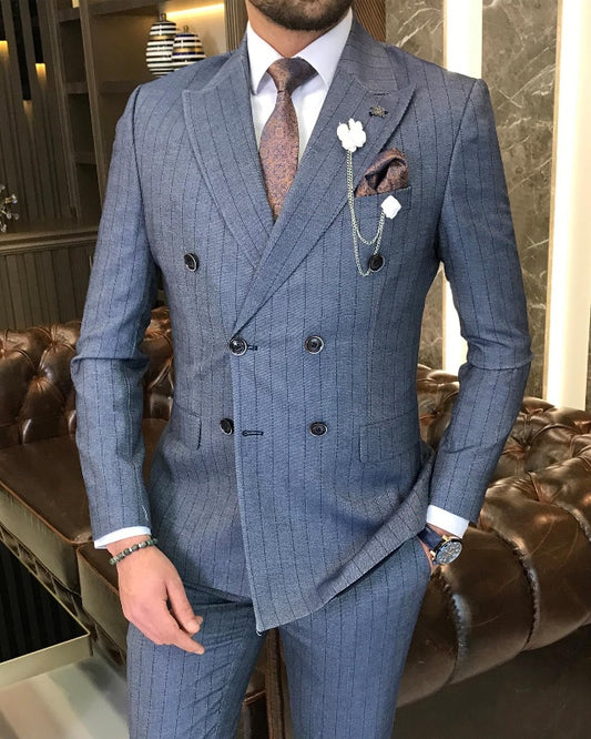 Adolph Classic Bespoke Gray Double Breasted Striped Peaked Lapel Business suits For Men