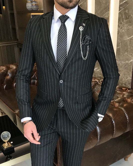 Aaron Classic Bespoke Black Striped Slim Fit Notch Lapel Business Men Suits