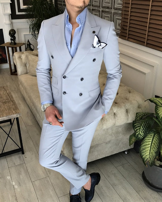 Sky Blue Double Breasted Peaked Lapel Slim Fit Prom Men Suits