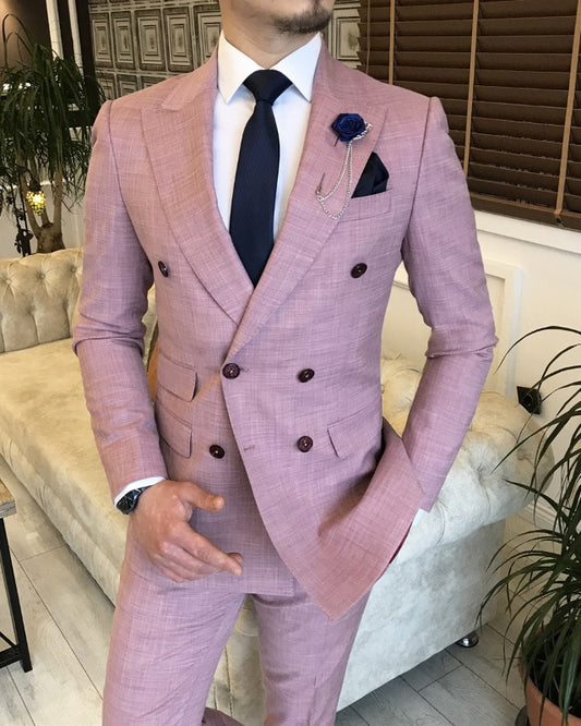 Stylish Pink Double Breasted Peaked Slim Fit Prom Suits For Men