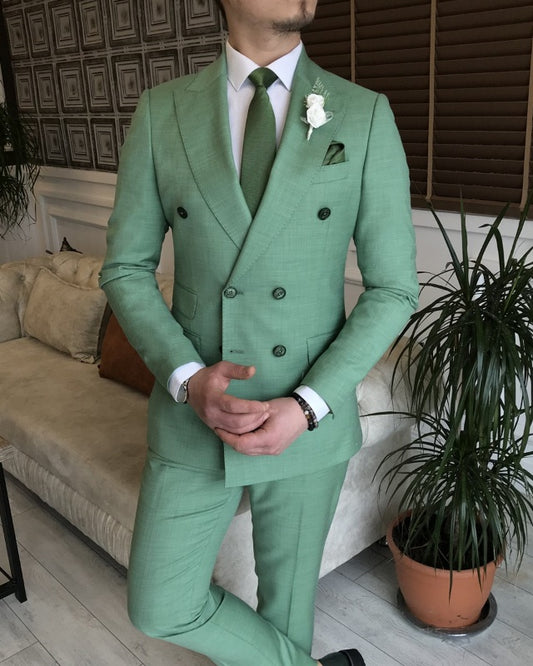 Stylish Green Double Breasted Peaked Lapel Slim Fit Prom Men Suits