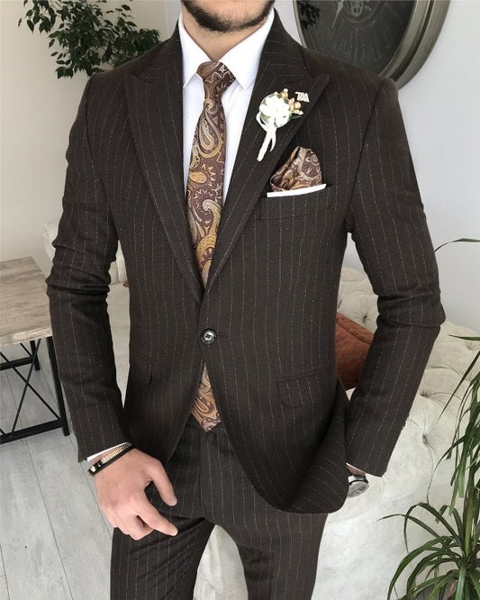 Newest Chocolate Striped Peaked Slim Fit Business Men Suits