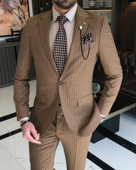 New Arrival Brown Striped Notch Lapel Best Fitting Business Suits For Men