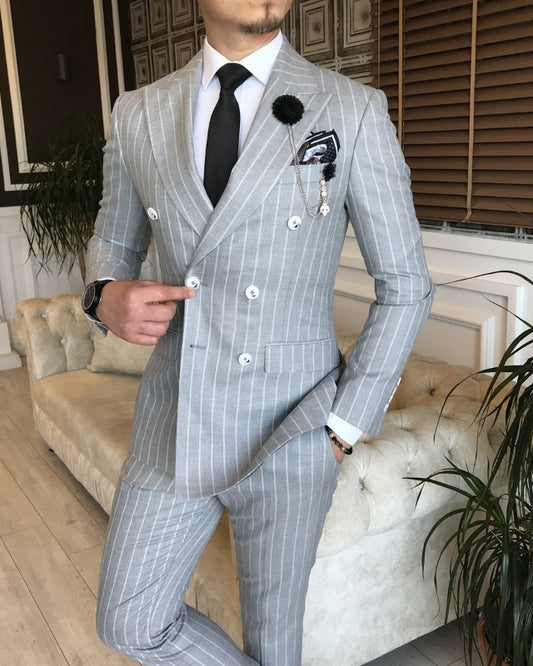 Gray Striped Double Breasted Peaked Lapel Close Fitting Prom Men Suits