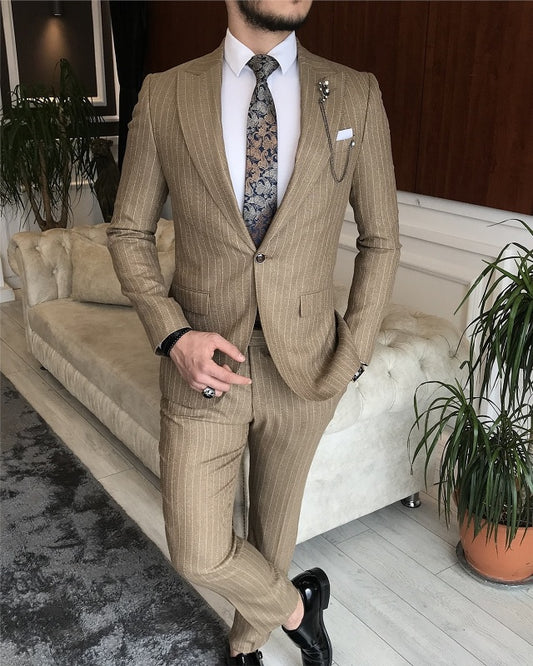 New Arrival Khaki Striped Best Fitting Peaked Lapel Business Men Suits