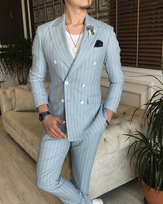 Sky Blue Striped Double Breasted Peaked Lapel Prom Men Suits