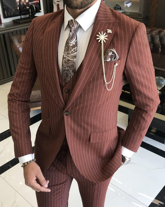 Noah Brown Striped Peaked Lapel Slim Fit Prom Men Suits