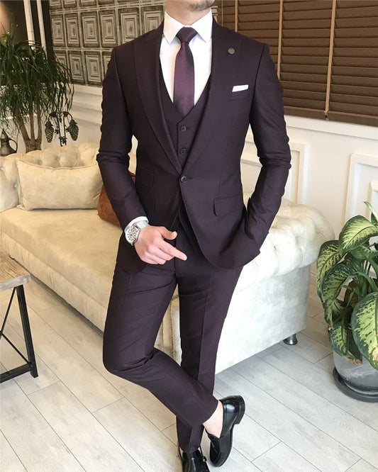 Newest Purple Three Pieces Peaked Lapel Slim Fit Prom Men Suits