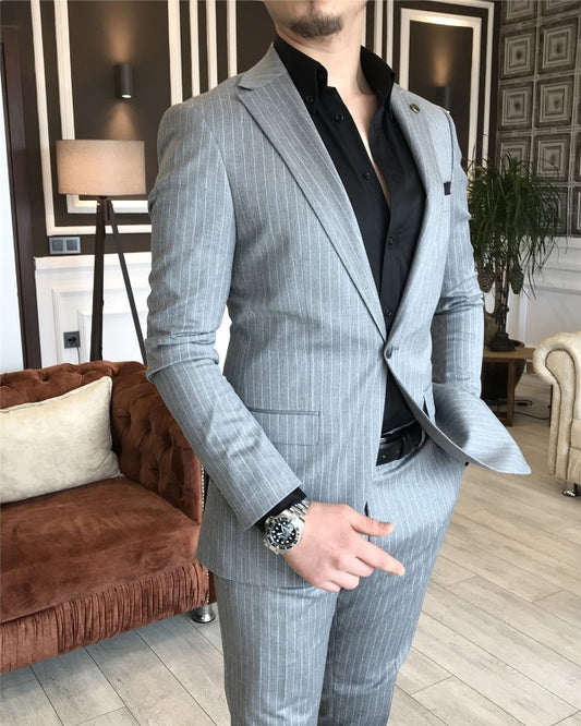 Modern Gray Striped Notch Lapel Slim Fit Business Suits For Men