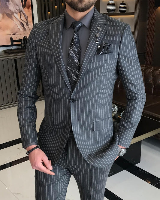 Modern Dark Gray Striped Notch Lapel Best Fitting Business Men Suits