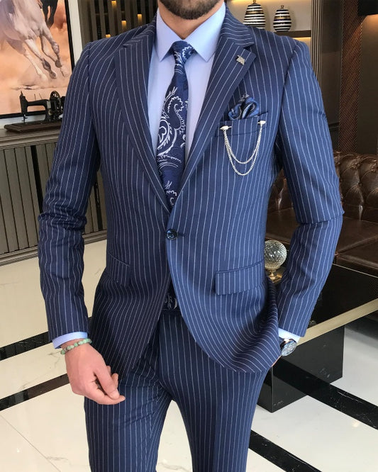 Modern Blue Striped Best Fitting Notch Lapel Business Men Suits