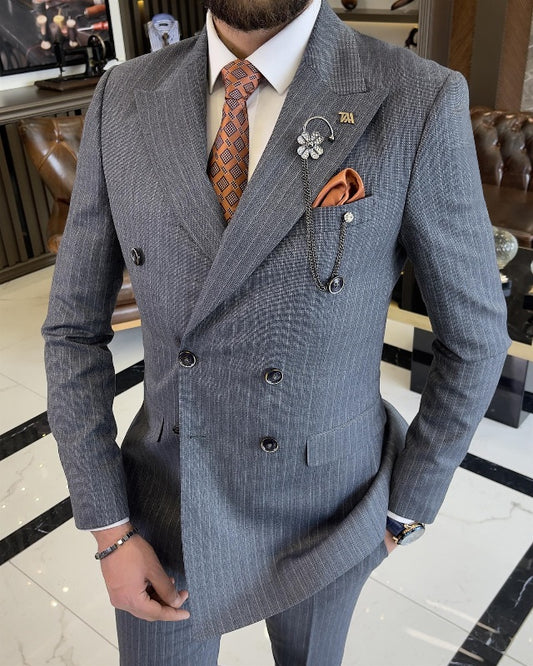 Amos Modern Gray Striped Double Breasted Best Fitting peaked Lapel Business Suits