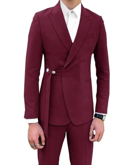 Simple Burgundy Peaked Lapel Best Fitting Prom Men Suits