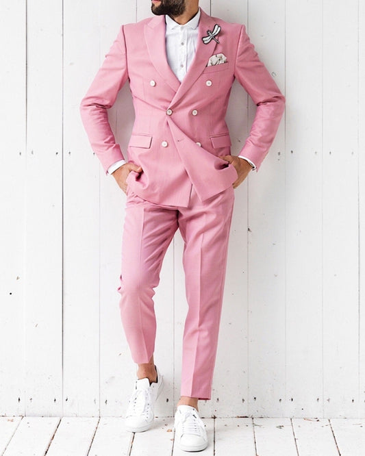 Modern Pink Double Breasted Peaked Lapel Prom Men Suits