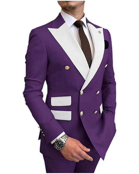 Modern Purple Double Breasted Peaked Lapel Prom Men Suits