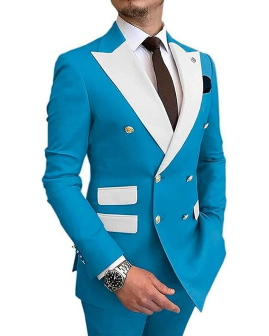 Aaron Modern Blue Double Breasted Peaked Lapel Prom Men Suits