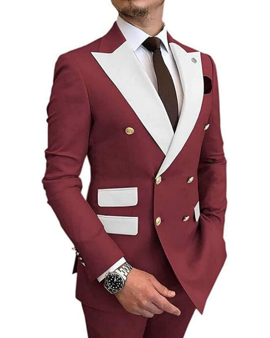 Adam Chic Burgundy Double Breasted Peaked Lapel Prom Men Suits