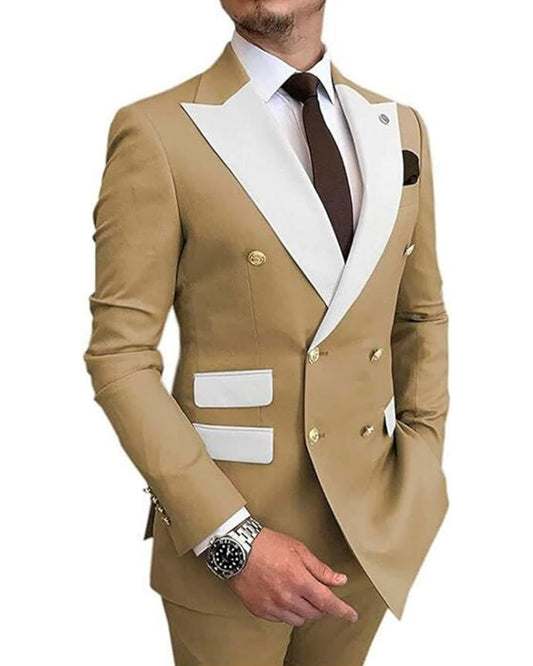 Alan Newest Khaki Double Breasted Peaked Lapel Prom Men Suits