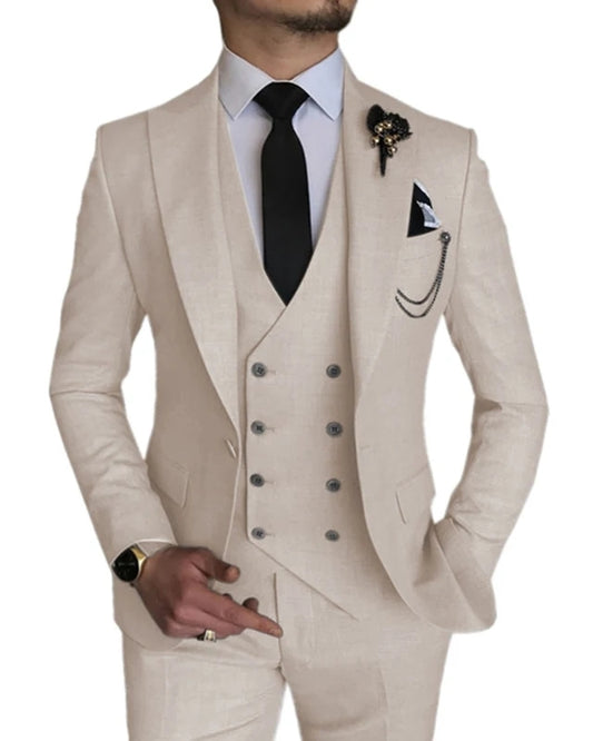 Modern Off White Three Pieces Peaked Lapel Prom Men Suits