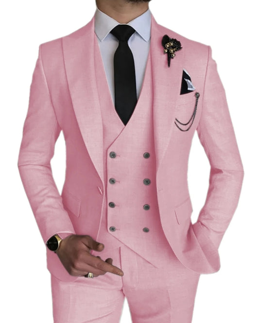 Newest Pink Three Pieces Peaked Lapel Slim Fit Prom Men Suits