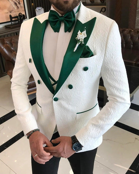 Newest White Jacquard Three Pieces Slim Fit Prom Men Suits