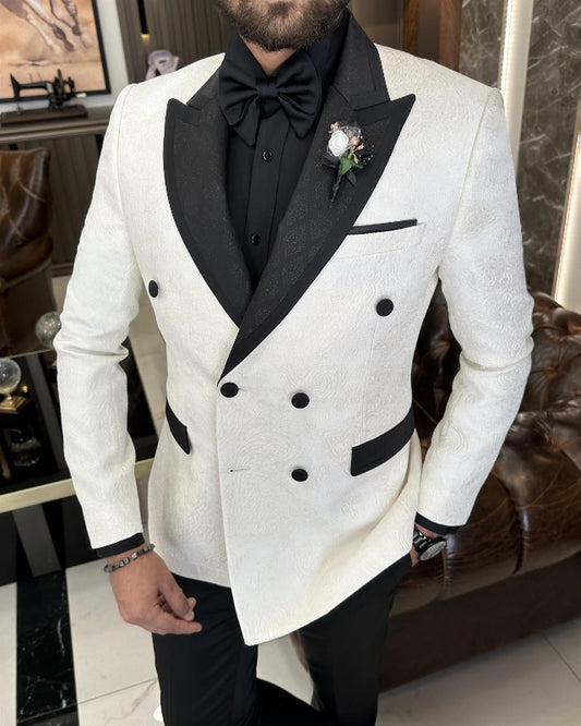 White Jacquard Double Breasted Prom Men Suits With Black Peaked Lapel