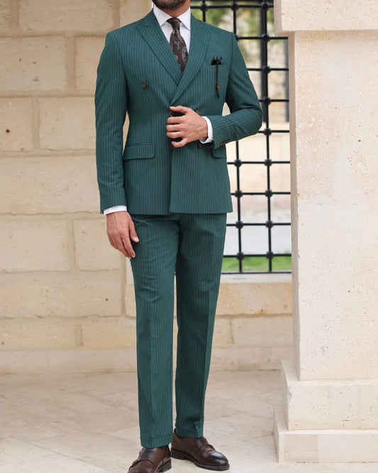 New Arrival Dark Green Double Breasted Striped Prom Men Suits