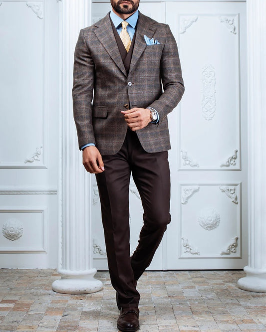 New Arrival Coffee Plaid Three Pieces Notch Lapel Prom Men Suits