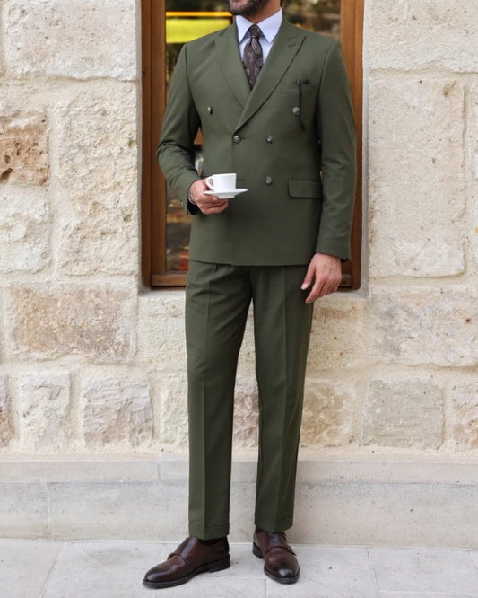 Adam Dark Green Double Breasted Peaked Lapel Prom Men Suits