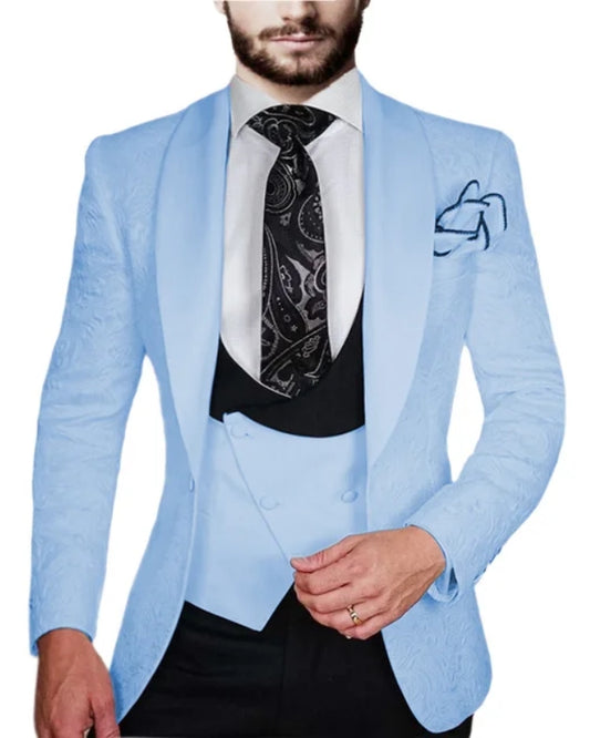 Modern Sky Blue Jacquard Three Pieces Shawl Lapel Prom Men Suits