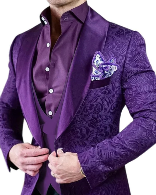 Newest Purple Jacquard Three Pieces Shawl Lapel Prom Men Suits