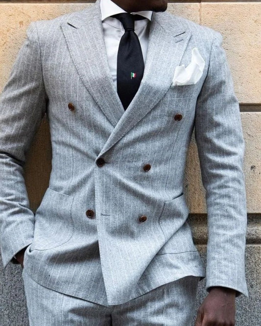 Ahem Gray Striped Double Breasted Peaked Lapel Prom Men Suits