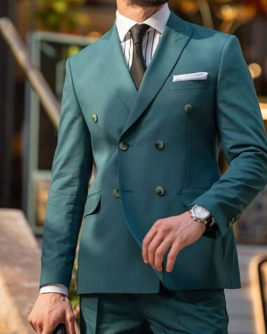 Abbott Dark Green Double Breasted Peaked Lapel Prom Men Suits