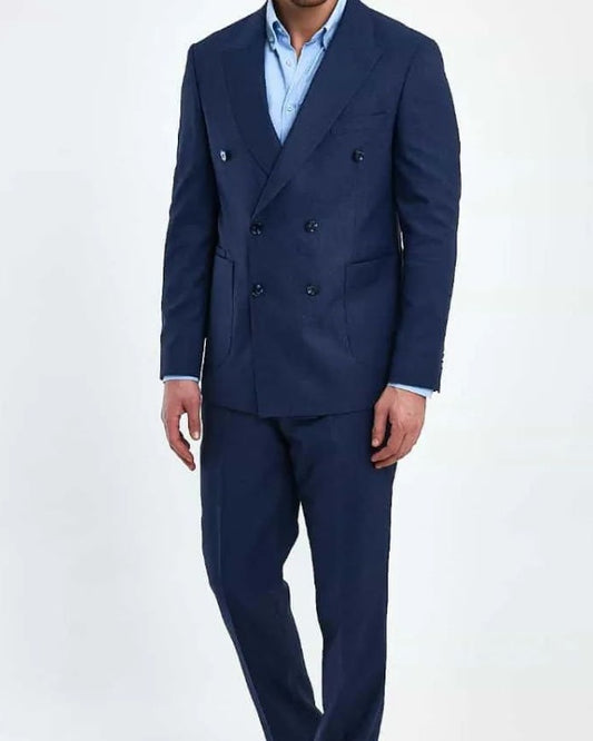 Alger Dark Blue Double Breasted Peaked Lapel Prom Men Suits