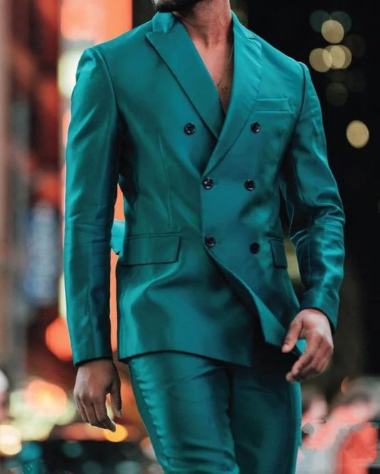 Bling Dark Green Double Breasted Peaked Lapel Prom Men Suits