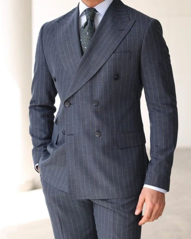 Caesar Dark Gray Striped Double Breasted Close Fitting Prom Men Suits