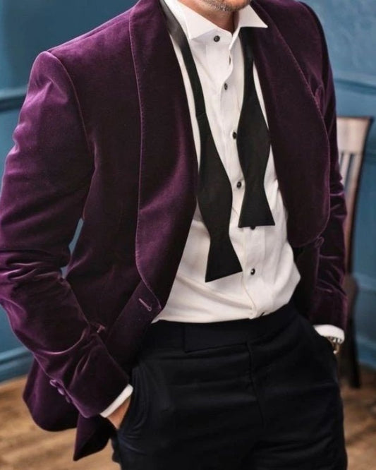 Cliff Newest Purple Shawl Pieces Close Fitting Velvet Prom Men Suits