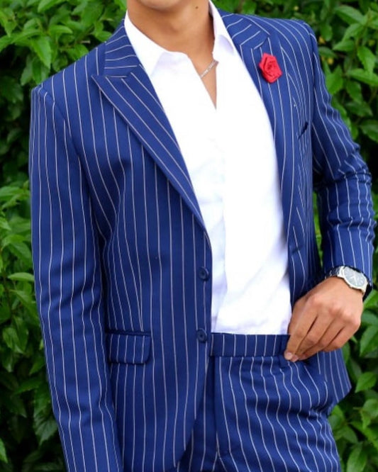 Gene Blue Peaked Lapel Striped Wedding Men Suits