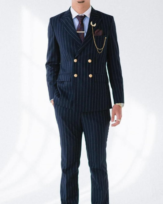 Francis Dark Navy Peaked Lapel Double Breasted Striped Men Suits