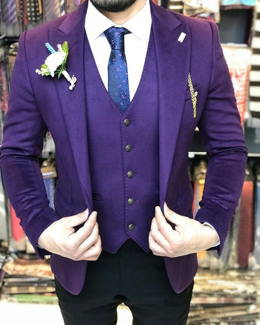 Mark Purple Peaked Lapel Velvet Three Pieces Wedding Men Suits