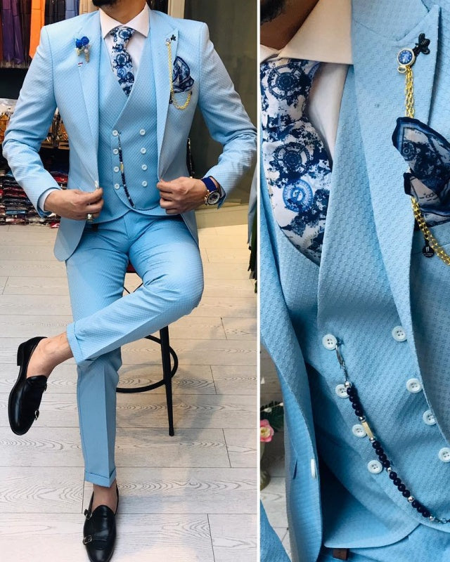 Scott Light Blue Peaked Lapel Plaid Three Pieces Wedding Men Suits