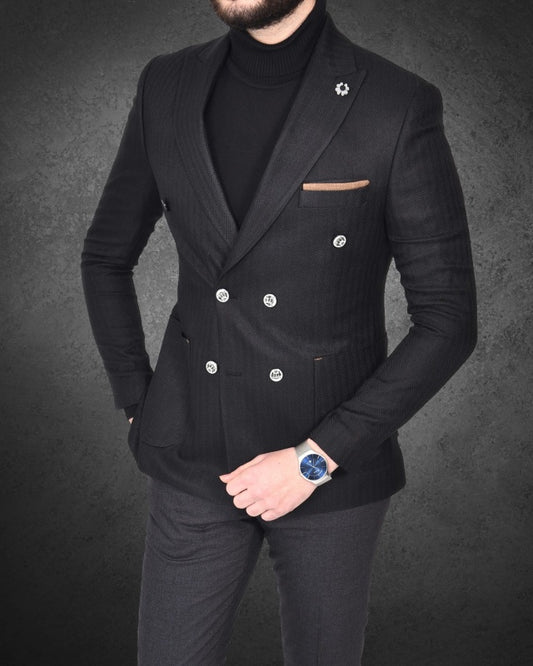 Zebulon Black Peaked Lapel Double Breasted Herringbone Men Suits